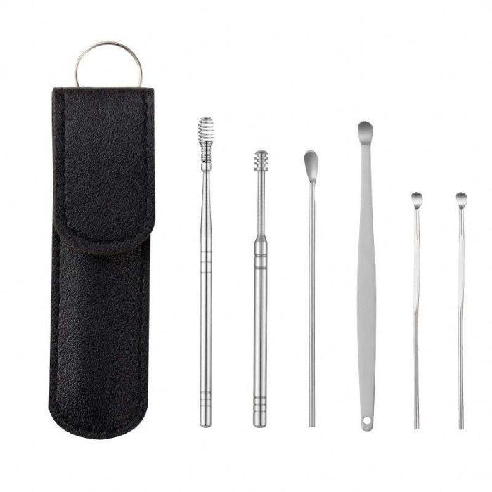 6PCS Ear Cleaner Set Stainless Steel With Lather Case
