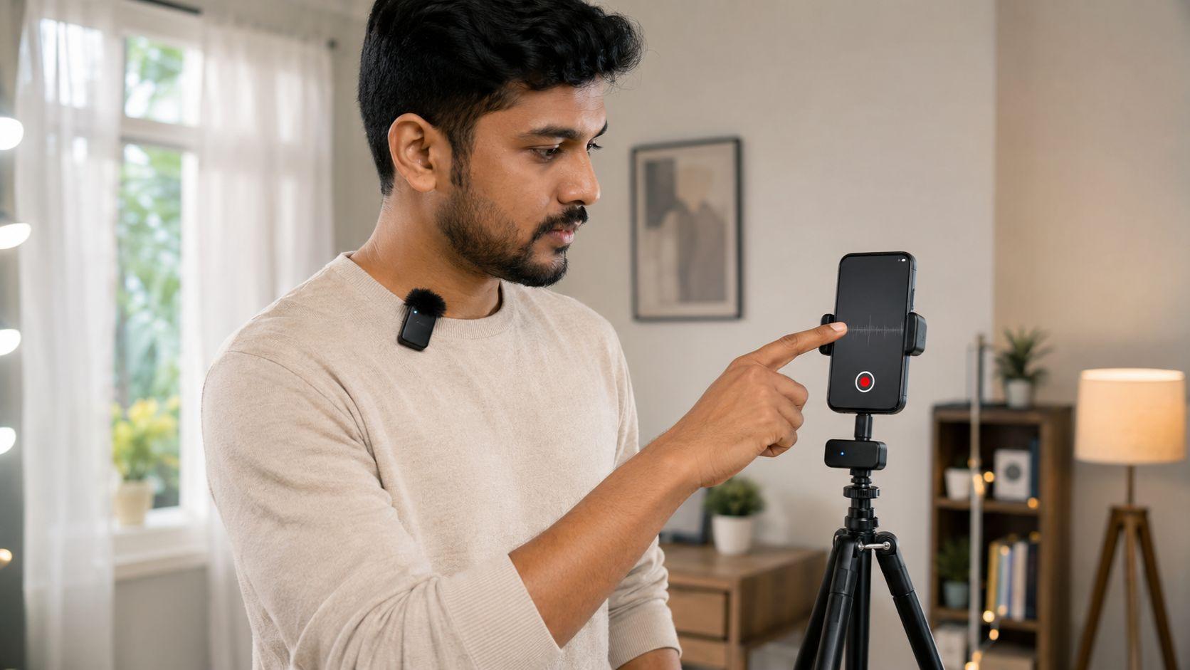Smartphone-এ Wireless Microphone connect করে test recording করার দৃশ্য