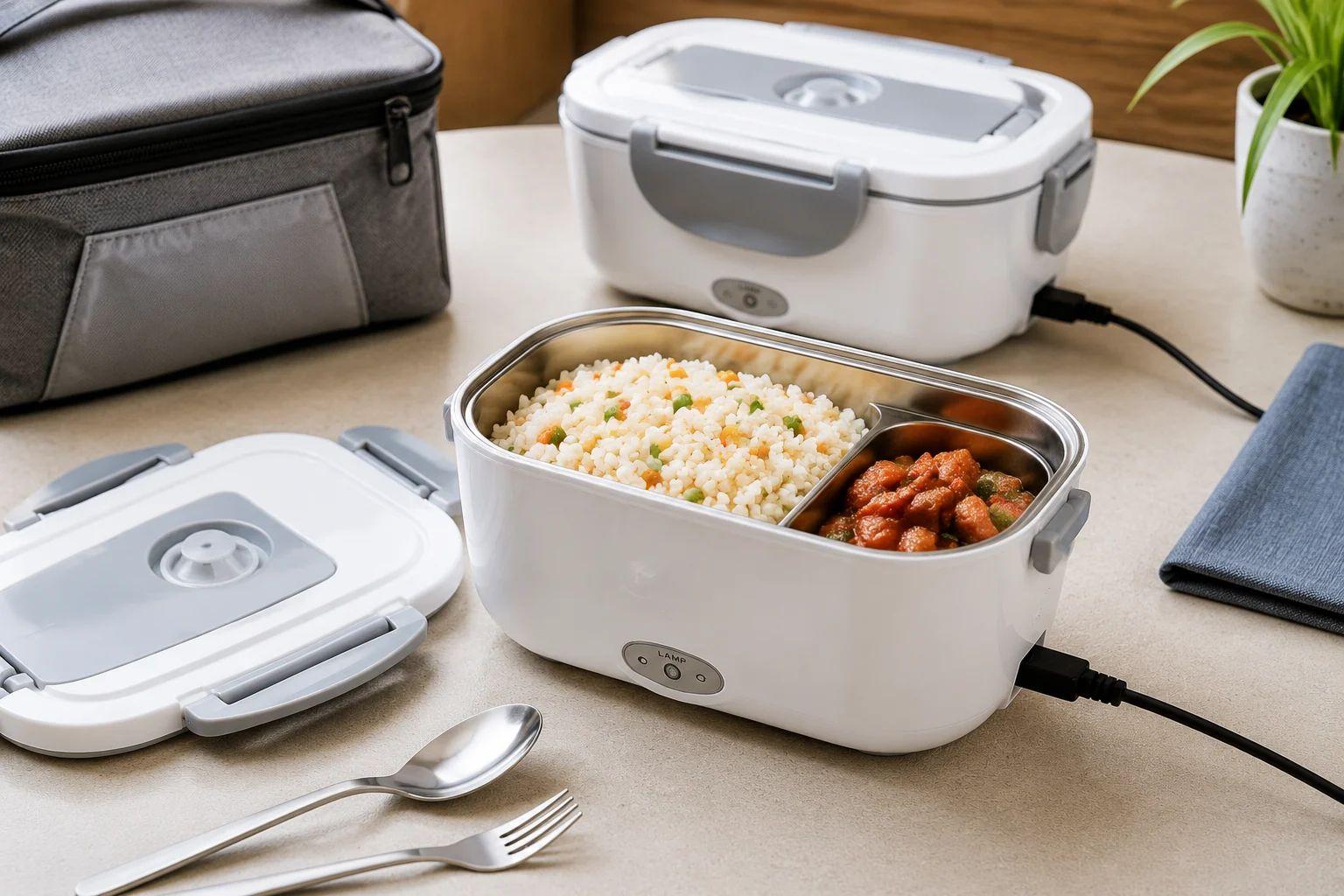 Electric lunch box with stainless steel food container and heating function for daily meal preparation guide