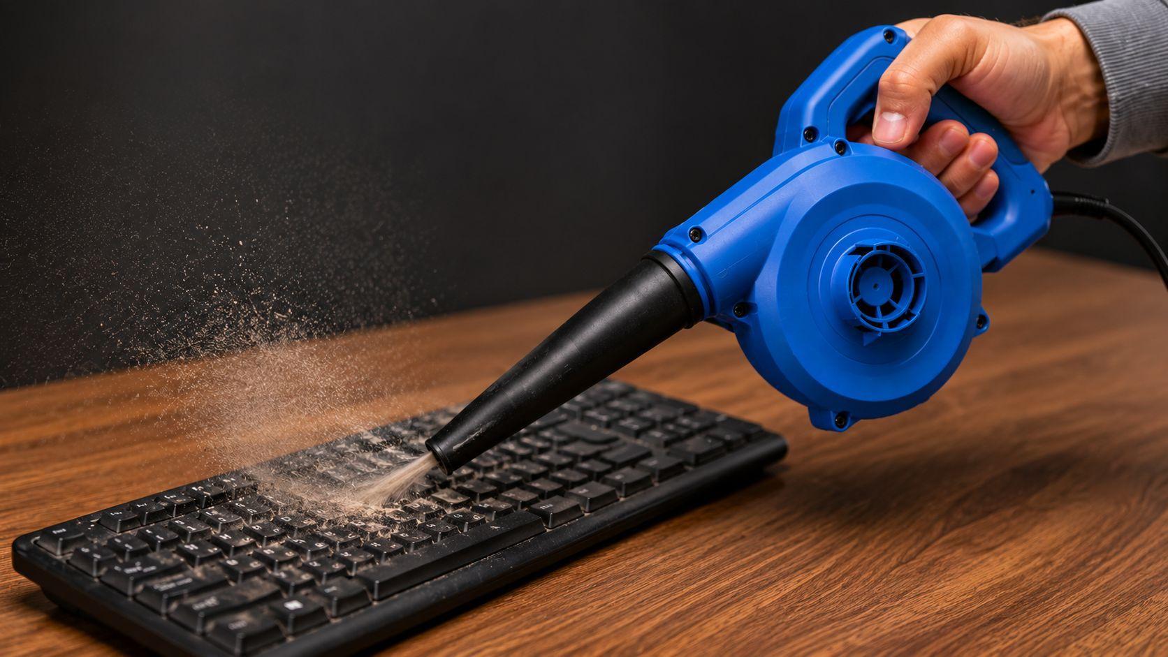 Electric Blower Machine removing dry dust from computer keyboard