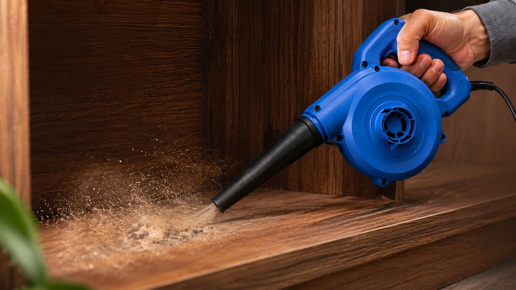Electric Blower Machine removing dry dust from wooden furniture corner