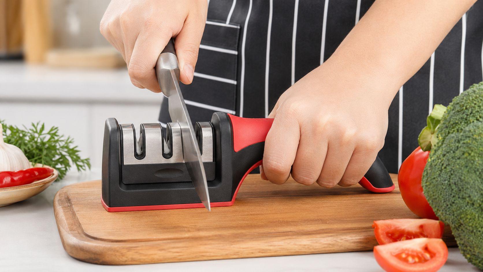Knife Sharpener being used on a kitchen counter to sharpen a chef knife