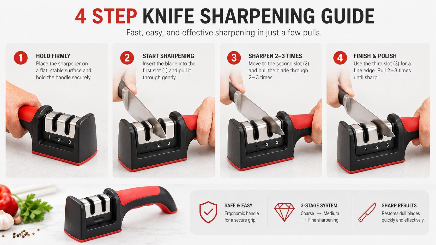 Knife Sharpener showing the sharpening slots and handle for easy kitchen use