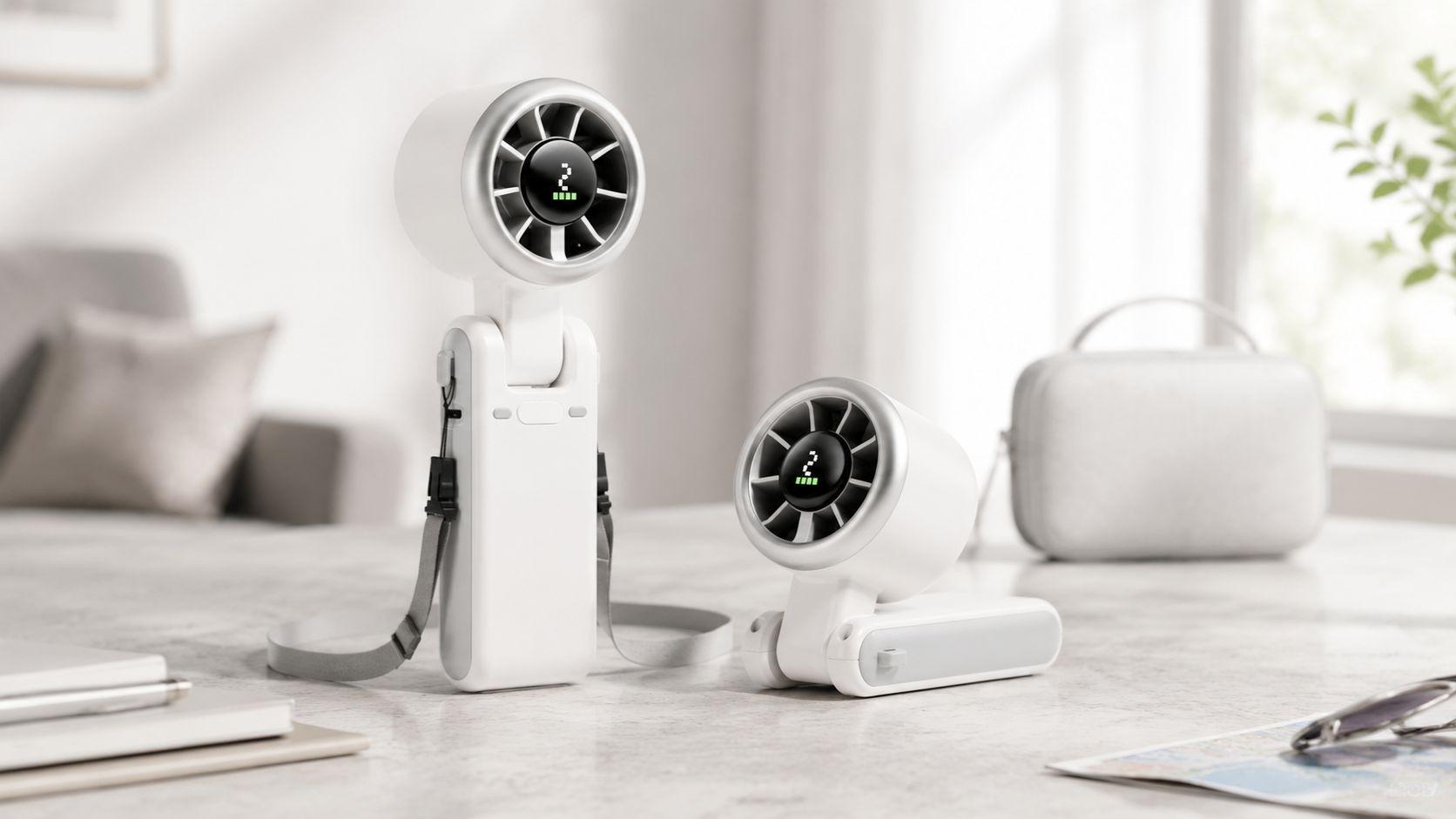 Portable air cooler on office desk for personal workspace cooling