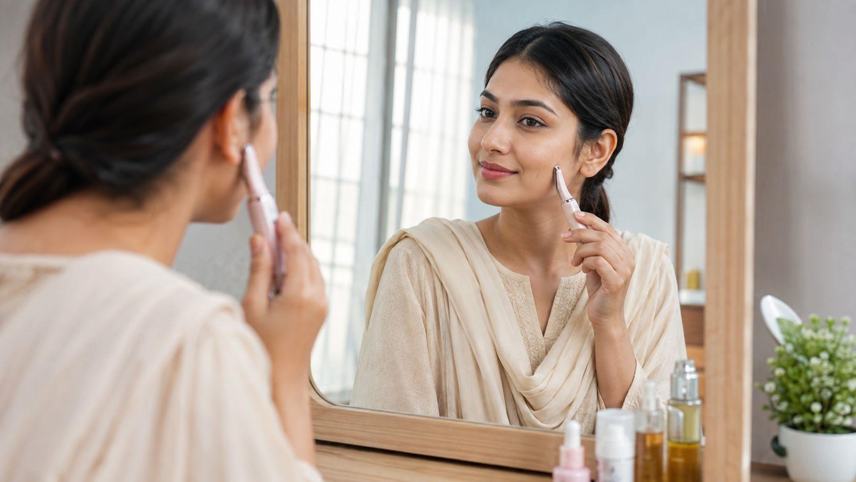 আয়নার সামনে Facial Hair Remover নিরাপদভাবে ব্যবহার করছেন একজন নারী
