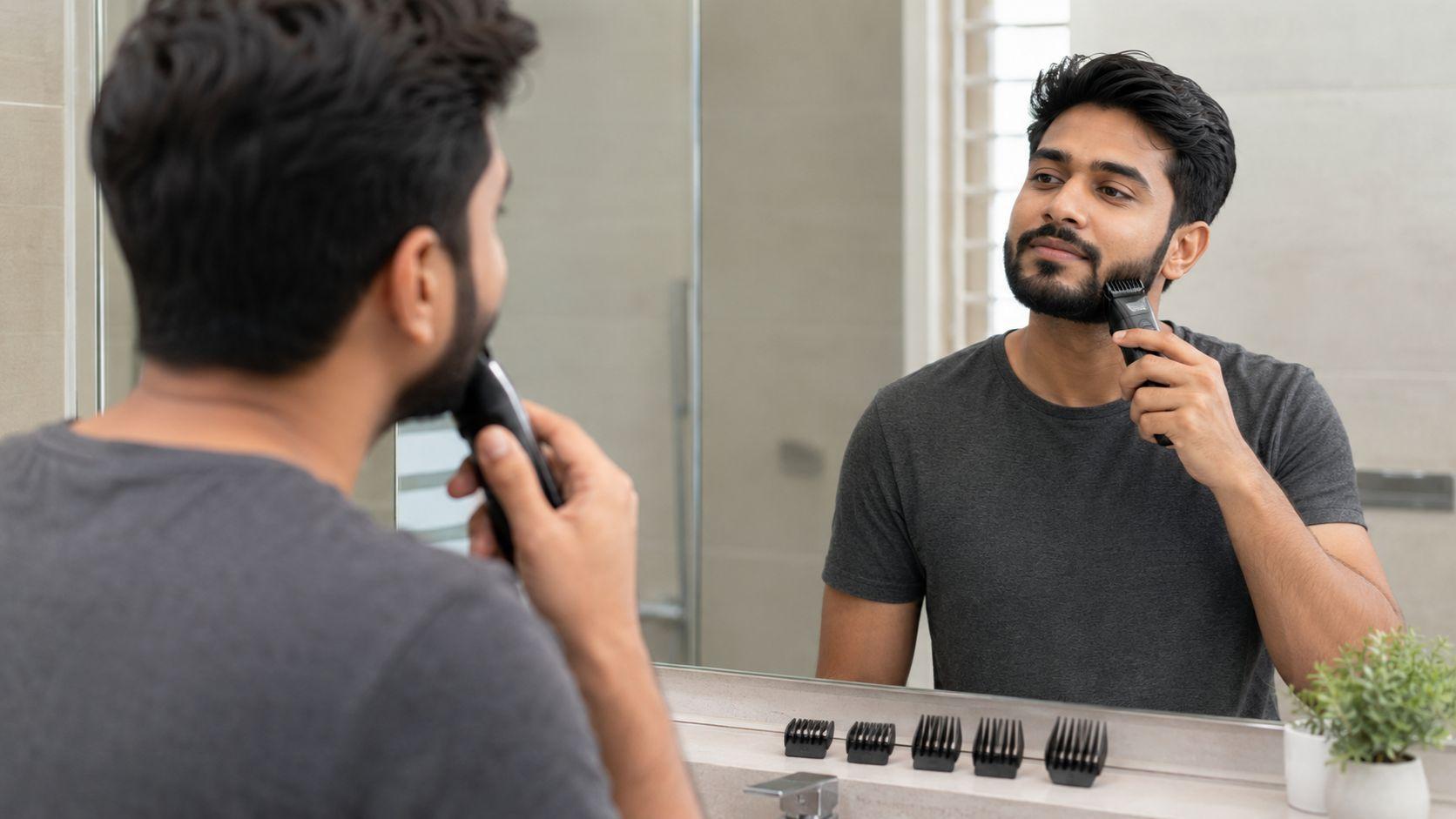 আয়নার সামনে Guide Comb লাগানো Trimmer দিয়ে দাড়ি grooming করছেন একজন পুরুষ