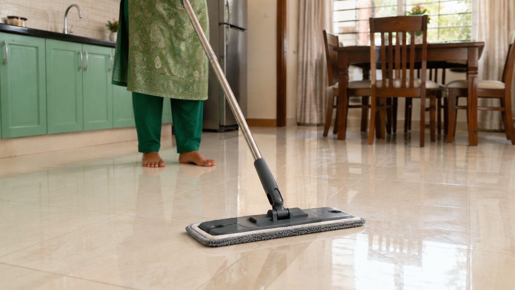 Kitchen-এর Tile Floor পরিষ্কার করতে Microfiber Floor Mop ব্যবহার