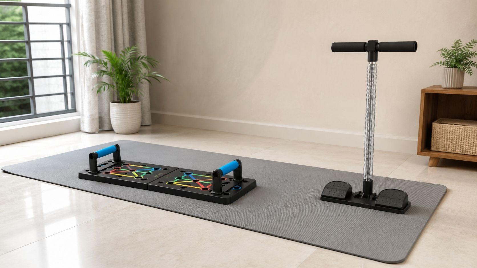 সমতল মেঝেতে Home Workout Equipment নিরাপদভাবে setup করার দৃশ্য